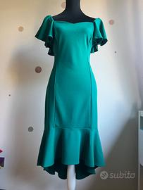 Abito elegante verde asimmetrico con volant
