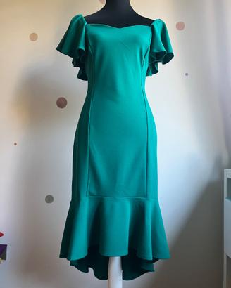 Abito elegante verde asimmetrico con volant