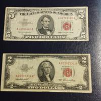 7 banconote USA dollari bollino rosso e verde