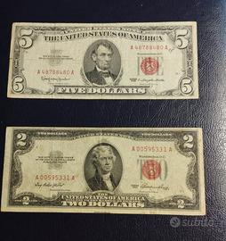 7 banconote USA dollari bollino rosso e verde