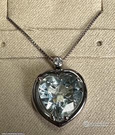 COLLANA CUORE ORO 18kt. DIAMANTE ED ACQUAMARINA