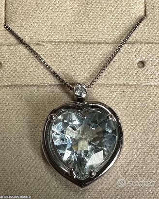 COLLANA CUORE ORO 18kt. DIAMANTE ED ACQUAMARINA