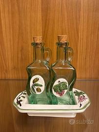 Set olio e aceto vintage vetro e vassoio ceramica