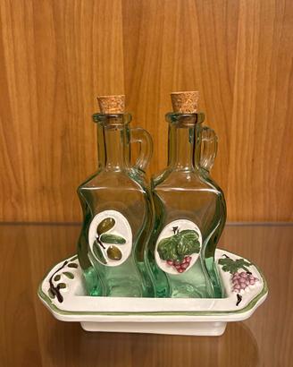 Set olio e aceto vintage vetro e vassoio ceramica
