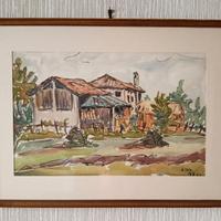 Dipinto acquerello paesaggio rurale firmato B.Tom