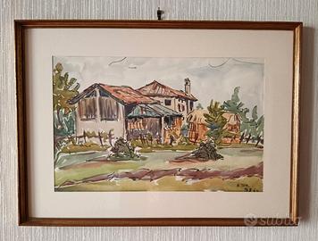 Dipinto acquerello paesaggio rurale firmato B.Tom