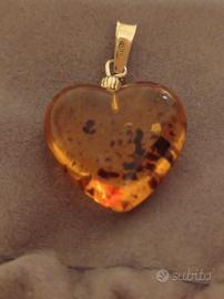 Ciondolo cuore ambra e argento, vintage 