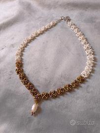 Collana Bianco Bronzo Perla Vera pendente 