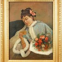 Dipinto Donna con bouquet di fiori e lettera