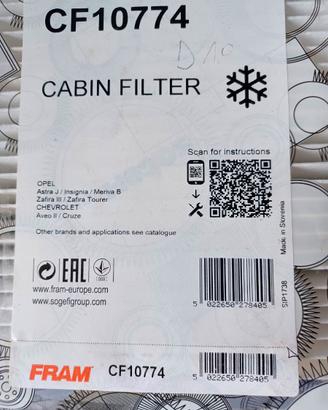 Filtro abitacolo Opel Astra/Insigna/Meriva CF10774
