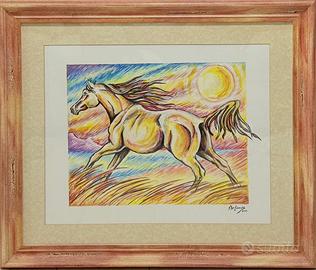 Tempera  soggetto cavallo con cornice