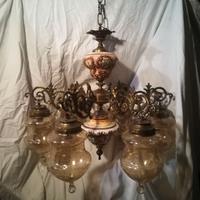 LAMPADARIO  6 LUCI IN VETRO SMERIGLIAT E CERAMICA