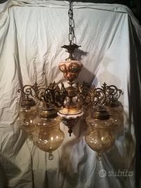 LAMPADARIO  6 LUCI IN VETRO SMERIGLIAT E CERAMICA