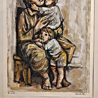 Madre con due bambini acquerello e inchiostro 