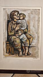 Madre con due bambini acquerello e inchiostro 