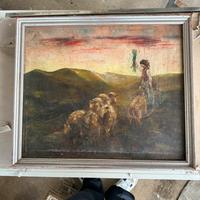 Quadro vintage a olio - pastore con pecore