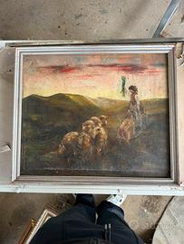 Quadro vintage a olio - pastore con pecore
