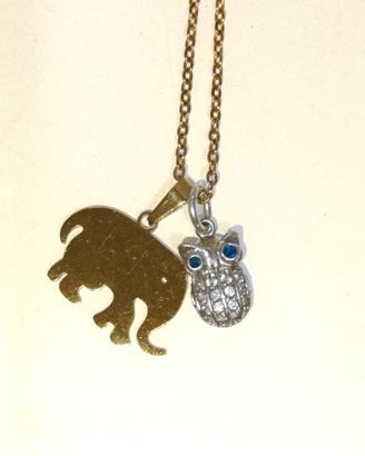 Collana dorata con ciondoli Elefante e Civetta 