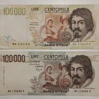 13# Banconote 100000 lire Caravaggio I  e II tipo.