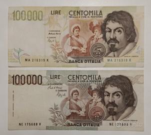 13# Banconote 100000 lire Caravaggio I  e II tipo.