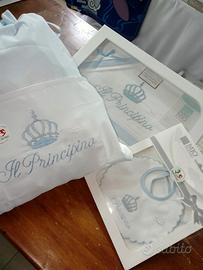 set Neonato lenzuola, bavetta e sacchetto nascita 