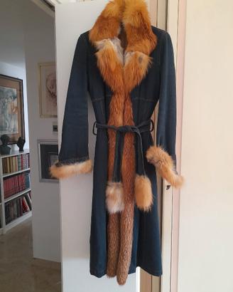 Cappotto jeans, bordato in volpe rossa naturale