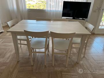 TAVOLO IN LEGNO BIANCO STILE SHABBY CON SEI SEDIE