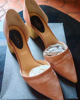 scarpe donna glitter dorato rosa con tacco largo