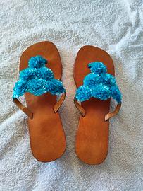 Infradito Cuoio e Strass Azzurro