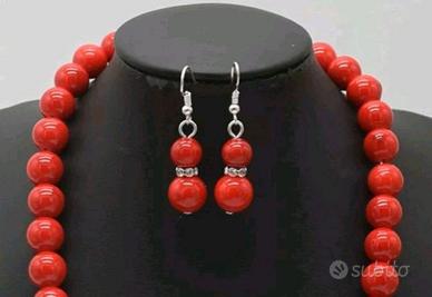 Parure collana orecchini vero corallo rosso NUOVA