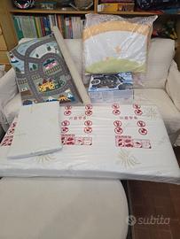 Materass, cuscino, paracolpi, giostrina e tappetin