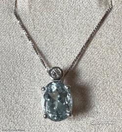 COLLANA ORO 18kt. DIAMANTI ED ACQUAMARINA OVALE