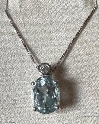 COLLANA ORO 18kt. DIAMANTI ED ACQUAMARINA OVALE