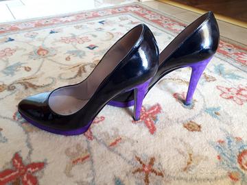 Decollete Vero Cuoio Tacco Camoscio Viola, 36 1/2