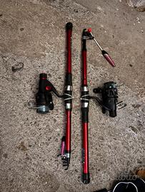 2 canne da pesca, rete, attrezzi vari