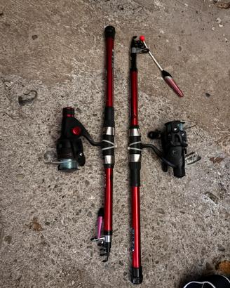 2 canne da pesca, rete, attrezzi vari