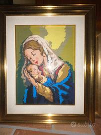 Quadro Madonna con bambino ricamato a mezzo punto