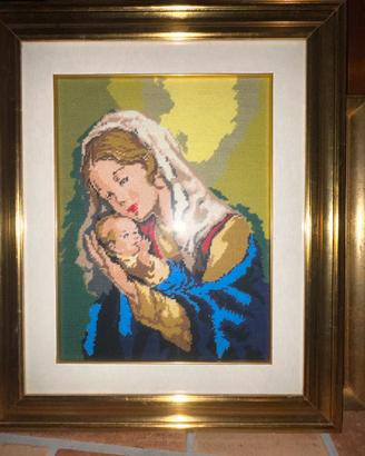 Quadro Madonna con bambino ricamato a mezzo punto