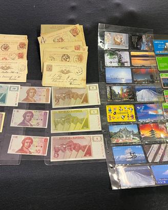 Cartoline postale, banconote, carte telefoniche.