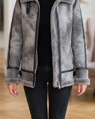 Giacca shearling eco grigia con cappuccio S