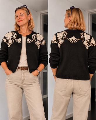 Cardigan donna artigianale in cotone nero/beige