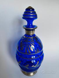 Antica Bottiglia da rosolio in vetro Blu/argento