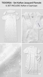  Set Kaftan e Copricapo Bianco Jacquard Floreale 