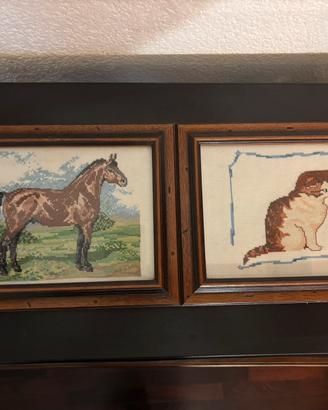 Quadretti ricamati a mezzo punto.  Cavallo Gatto.