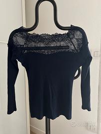 Maglietta top cotone blu notte pizzo