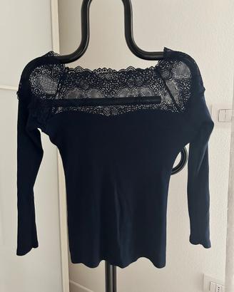 Maglietta top cotone blu notte pizzo