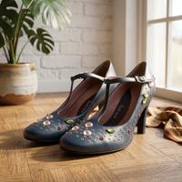 Scarpe Mary Jane, T-Strap, blu, pelle, 38, 7cm