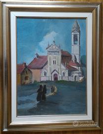 Quadro olio su tela "Chiesa con suore"
