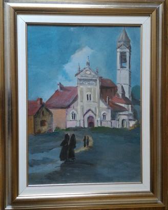 Quadro olio su tela "Chiesa con suore"