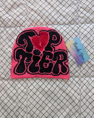 Berretto fucsia nero "TOP TIER" cuore rotto Y2K